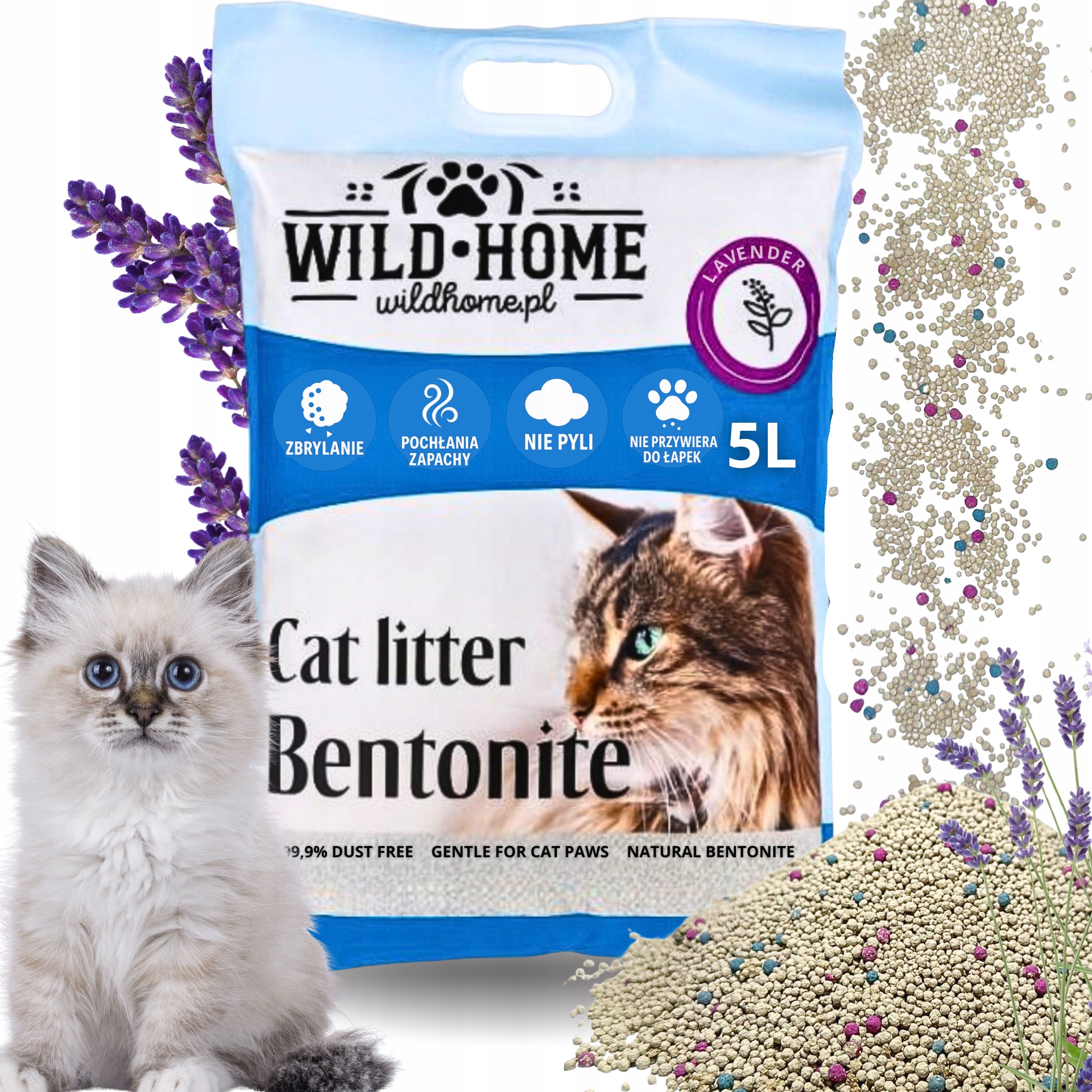 Żwirek Zbrylający Wildhome 5L Bentonitowy Lawendowy Higieniczny Dla Kota